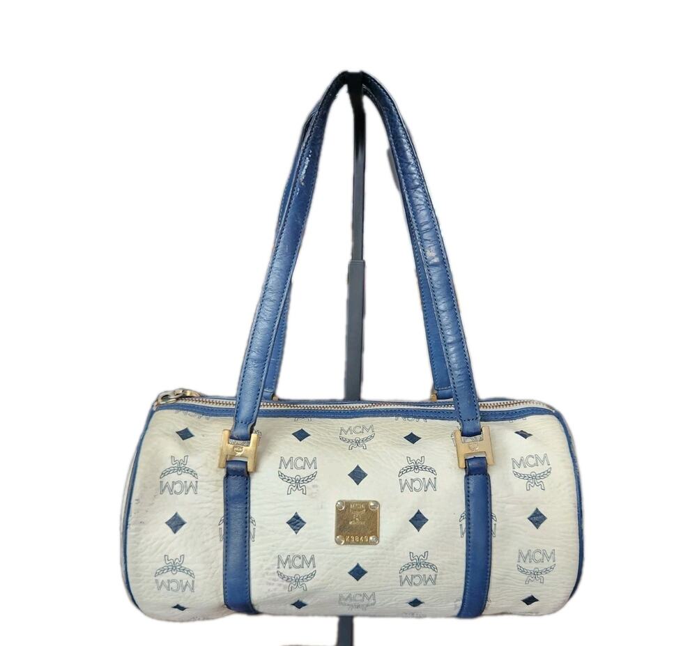 MCM Vtg Visetos Monogram Papillon Barrel Bag White with Navy Blue Trim & Handle